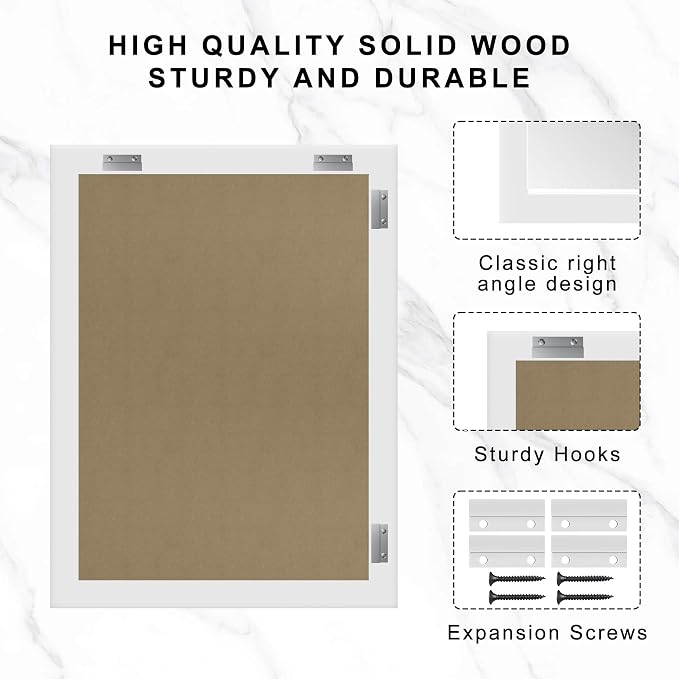 36''x24'' Rustic Wall Mirror for Bathroom White Wood Frame, Classic Rectangle Mirror Farmhouse Vanity Wall Mirror Decor Living Room, Bedroom, Entryway (White, 36''x24'')