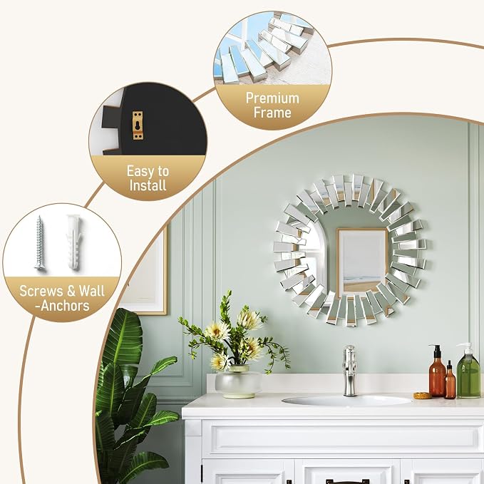 Sunburst Mirror - 26'' Sliver Starburst Mirror with Beveled Glass Frame, Modern Wall Decor Mirrors for Living Room, Hallway,Bedroom