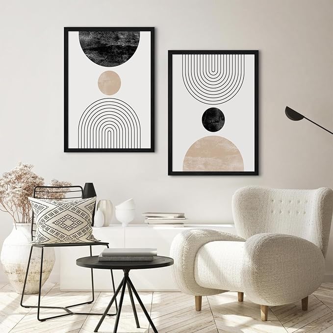 Mid Century Modern Wall Art Prints Set of 2 Neutral Abstract Geometric Wall Art Boho Canvas Prints Mid Century Eoind Wall Decor Modern Abstract Pictures Artwork for Home Room 12x16 Inch Black Framed