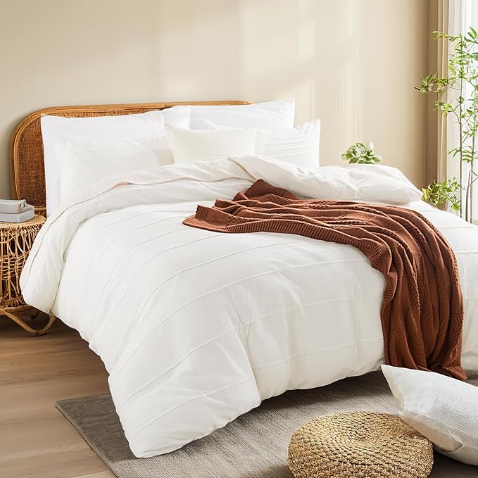 NEXHOME PRO 100% Organic Cotton Duvet Cover King Size, Linen Like Pleated Textured White Duvet Cover Set, 3pc Bedding Set with Zipper Closure, Soft, Lightweight and Breathable,104"x90", No Comforter