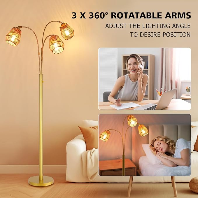9MMML Vintage Gold Arc Floor Lamp with Rotatable Arms & Rattan Lampshade, 3-Light Mode Rotary Switch Adjustable, 72.5'' Tall Standing Lamp for Living Room, Bedroom, E26 Base