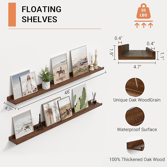 Vivelove Picture Ledge Shelf, Floating Shelves, 48 Inches Long Large Nursery Book Shelves for Nursery Storage, Bookshelf Wall Mounted for Living Room Bedroom Decor Books Photo Frames