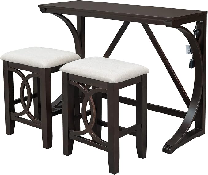 VilroCaz Farmhouse 3-Piece Counter Height Dining Table Set with USB Port and 2 Upholstered Stools, Rustic Dining Set Bar Set for Dining Room Kitchen (Espresso-R)