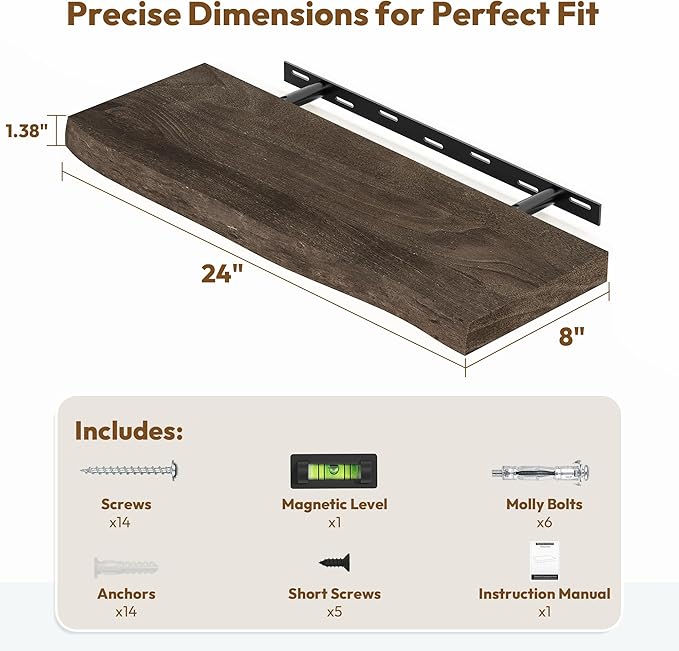 Vivelove Live Edge Floating Shelves Set of 2, Solid Elm Wood Wall Display Shelf with Invisible Bracket for Living Room Bedroom Bathroom Office, Rustic Farmhouse, 24 inch - Dark Walnut