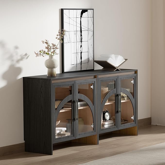 Accent Cabinet with Arched Glass Doors, 31.5” Modern Sideboard Buffet Cabinet with Adjustable Shelves, Storage Cabinet for Living Room, Entryway, Dining Room, Coffee Bar, Black & Oak