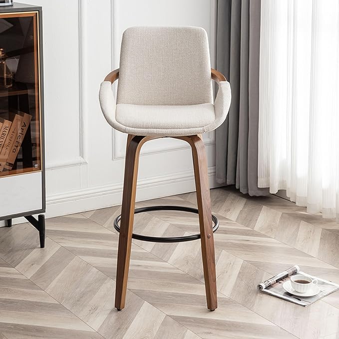 LUNLING 29.5" Bar Height Barstools Set of 3,Mid Century Modern Retro Bar Chairs Charcoal Beige Linen Look Fabric Upholstered and Walnut Wood Frame for Home Bar Furniture(Beige)