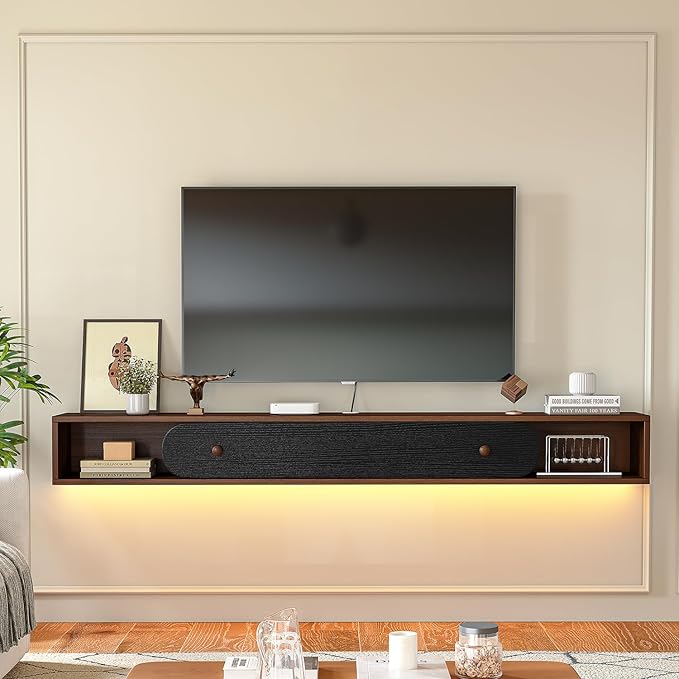 Furninova Floating TV Stand,Wall Mounted Entertainment Center for 75+ Inch TV,Plywood Floating Media Console with 1 Flip Down Door & Cable Management,Modern Space Saving TV Shelf,70'' (Walnut & Black)