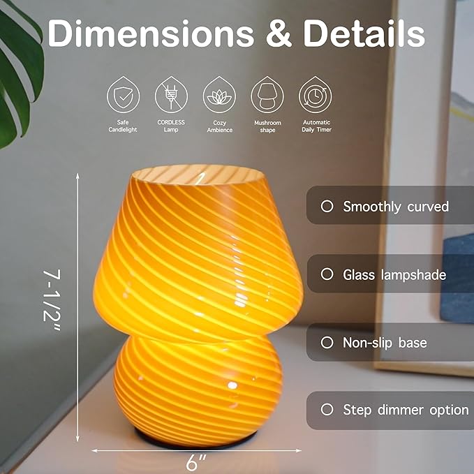Battery Operated Mushroom Lamp-Vintage Small Table Lamps with Timer, Cordless Battery Powered Bedside Lamp for Bookshelf/Bedroom/Kitchen/Living Room/Shelf/Entryway Decor Aesthetic,Orange