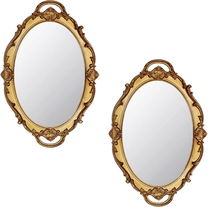Eaoundm 14.5 x 10 inchs Oval Antique Decorative Wall Mirror Vintage Hanging Mirror (Gold 2 Pcs)