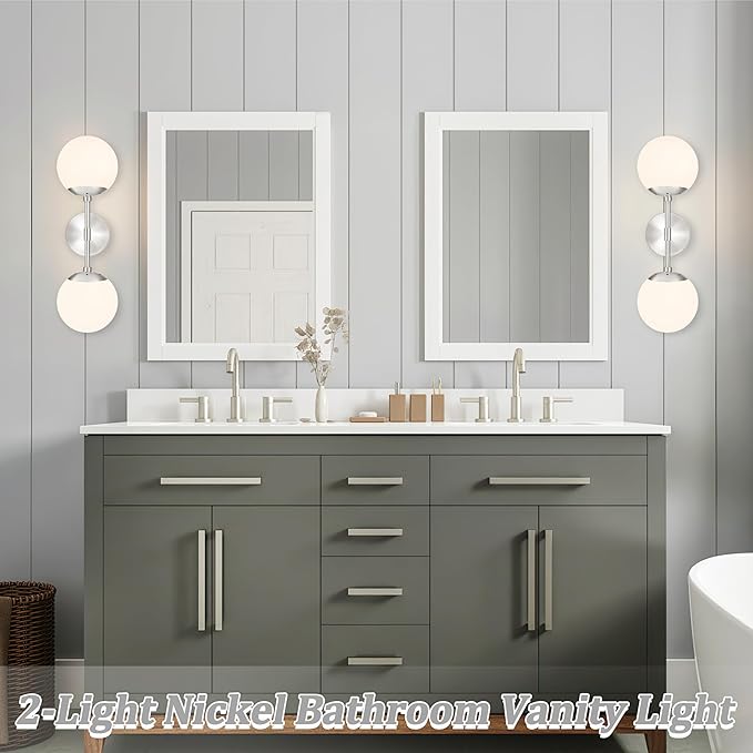 KoKo&Yukina Nickel 2 Pack Vanity Light Fixtures Mid Century Modern Bathroom Vanity Light Globe Sconce with Milky White Glass for Bathroom Bedroom