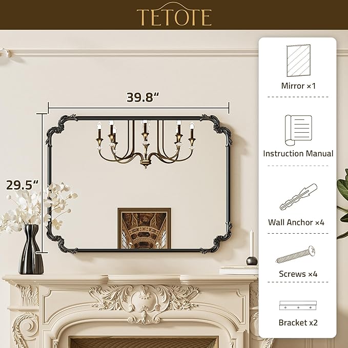 TETOTE Baroque Antique Black Rectangle Scroll Wall Mirror 40 x 30 Vintage Rounded Corner Framed Baroque French Rectangular Mirror for Mantle Fireplace Bathroom Living Room, Horizontal/Vertical