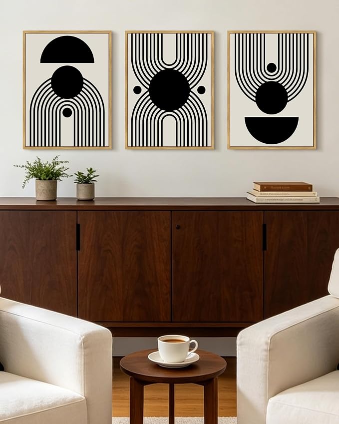 KUVIOKE Black Abstract Framed Wall Art Minimalist Geometry Lines Painting Artwork for Living Room Bedroom 12x16in (Natural Framed)
