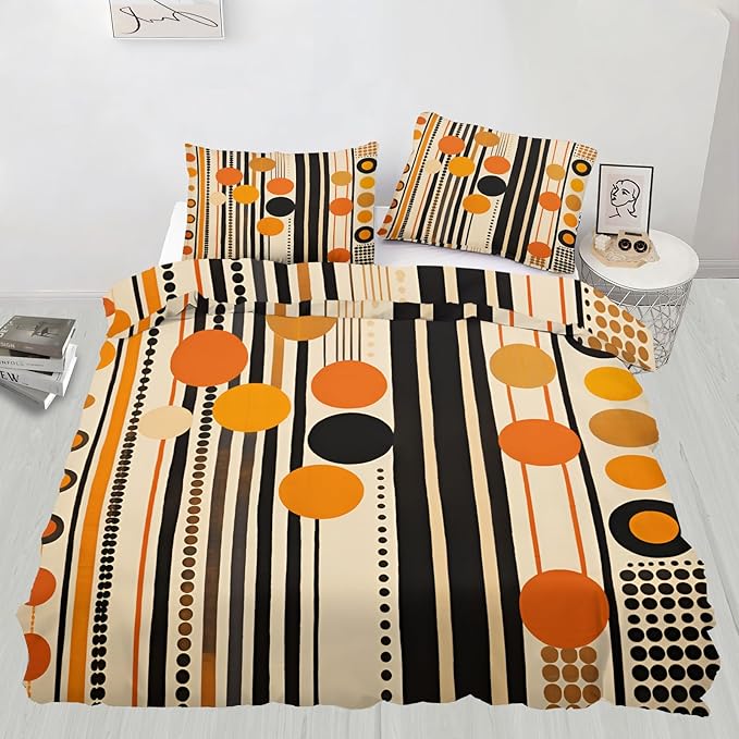 Retro Middle Ages Duvet Cover Twin Orange Geometric Art Bedding Set 2 Piece for Kids Bedroom Modern Stripes Patterned Comforter Cover with Zipper Ties & 1 Pillowcases