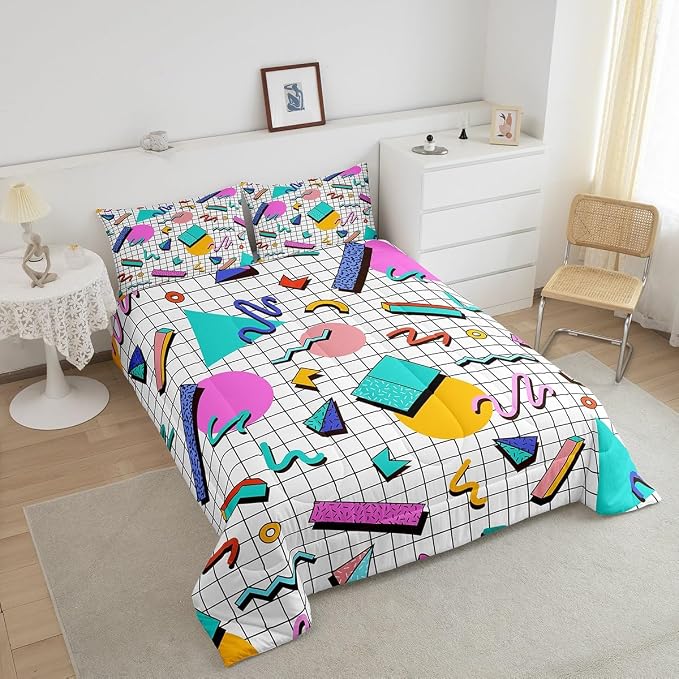 Manfei Memphis Comforter Set Full Size, Retro 80s or 90s Geometric Fashion Style Quilt Set with 2 Pillowcases, Vintage Hip Hop Bedding Set 3pcs for Kids Boy Girls Lightweight Duvet Insert