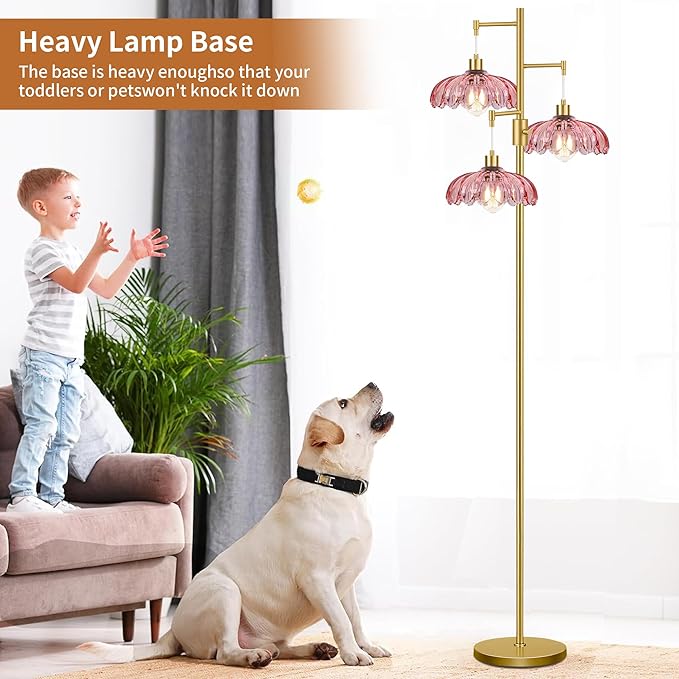 ZECOXOL Gold Floor Lamps for Living Room-3 Light Dimmable Floor Lamp with Three Bulbs & Glass Lampshape, Mid Century Modern Standing Lamp Tree Tall Flower Floor Lamp for Bedroom Living Room,Corner
