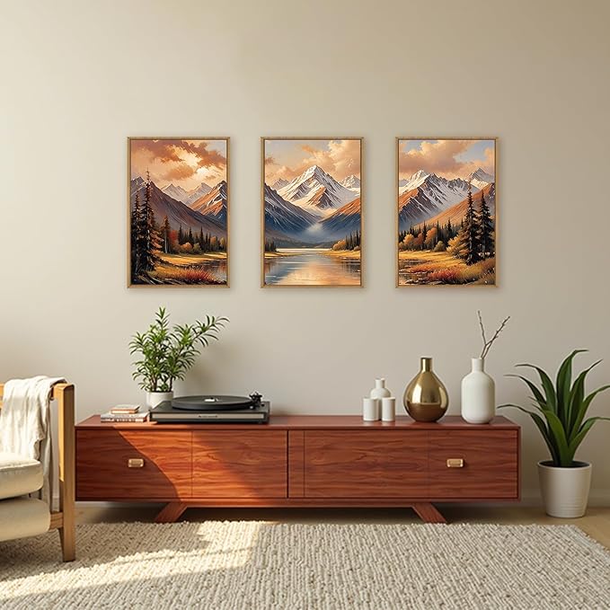 FWIEXA Fall Mountain Framed Canvas Wall Art Set, Autumn Pine Tree Forest Modern Wall Decor, Grassland River Artwork, Woodland Landscape Scenery Prints for Living Room, Office - Size 16"x24"x3