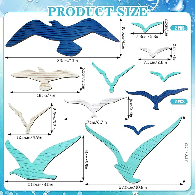 Meching 14Pcs Wooden Seagull Wall Decor, Nautical Coastal Theme Beach Wall Art, Self-Adhesive Sea Birds Ocean Sculpture Vintage Ornaments for Home Living Room Kitchen Bathroom Bedroom Office