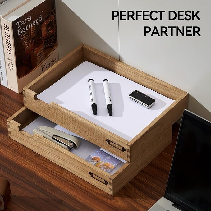 KIRIGEN Wood Desk Organizer Set of 2, Stackable Paper Tray with Metal Label Holders, Natural Wooden Letter Trays for Office Desktop, Mail, Files, Folders and Classroom Papers, Brown 2TTP-DBR
