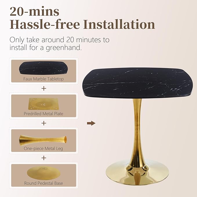 Square Dining Table,31.5" Tulip Table with Metal Pedestal,15-Minute Quick Assembly,Mid Century Modern Leisure Table for Kitchen Small Places Cafe (Faux Marble Black Gold)