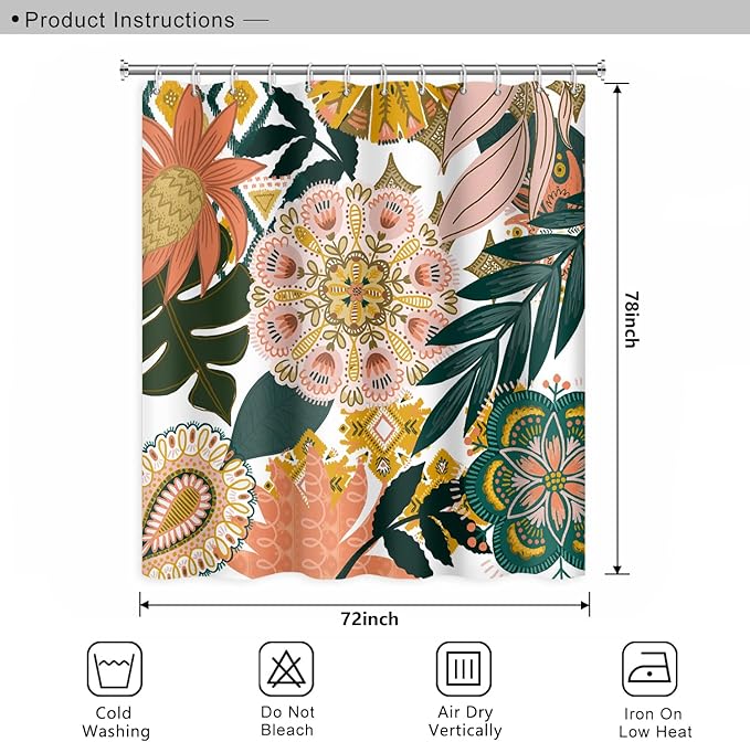 Bohemian Floral Bathroom Boho Abstract Tropical Leaves Flowers Shower Curtain with Hooks, Polyester Waterproof Fabric Paisley Unique Trendy Woman Decor, 72x78 Inch