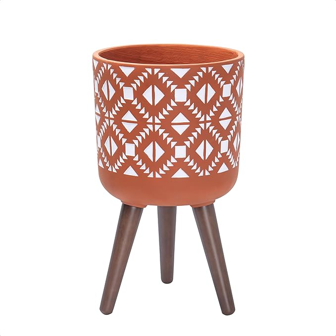 D'vine Dev 10 Inch Planter Pot with Stand, Mid-Century Tall Plant Pot with Legs for Indoor Plants, Pottery Red Terracotta/White, 88-G-B-5