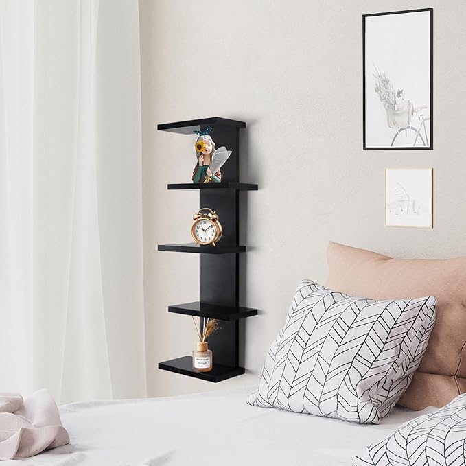 VIWODS 5 Tier Wall Shelf Unit-Black Floating Shelves for Home Decor, Modern Unique Asymmetric Design for Bedroom & Living Room Storage