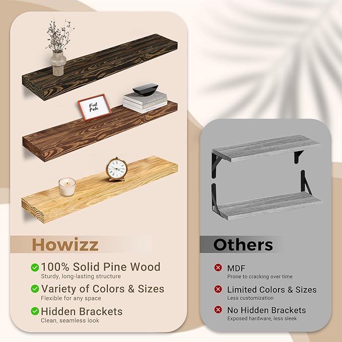 Howizz 36'' Wood Floating Shelves for Wall, Acacia Wood Wall Mounted Shelves with Invisible Brackets, Rustic Wooden Shelf Set of 2 for Living Room, Bedroom, Bathroom, Kitchen Decor, Light Walnut
