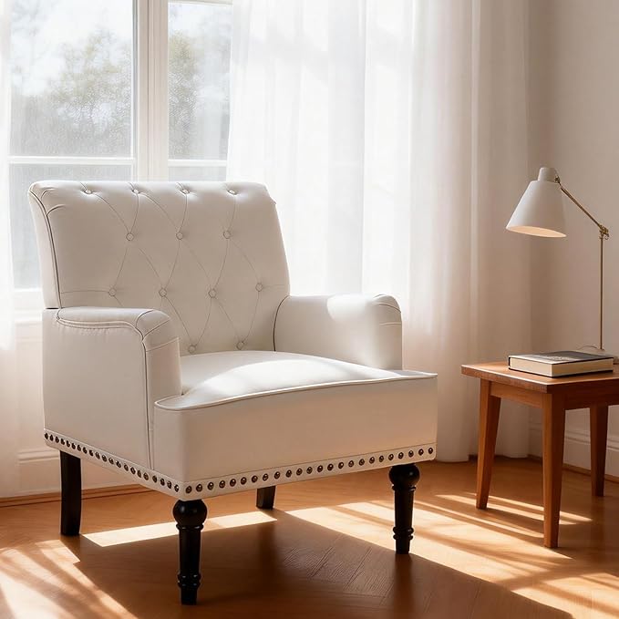 MOJAY PU Leather Accent Chair, Mid-Century Armchair Living Room Sofa Chair with Rubber Wood Leg, Club Chair with Rivet Trim for Bedroom Reading Room Reception (White)