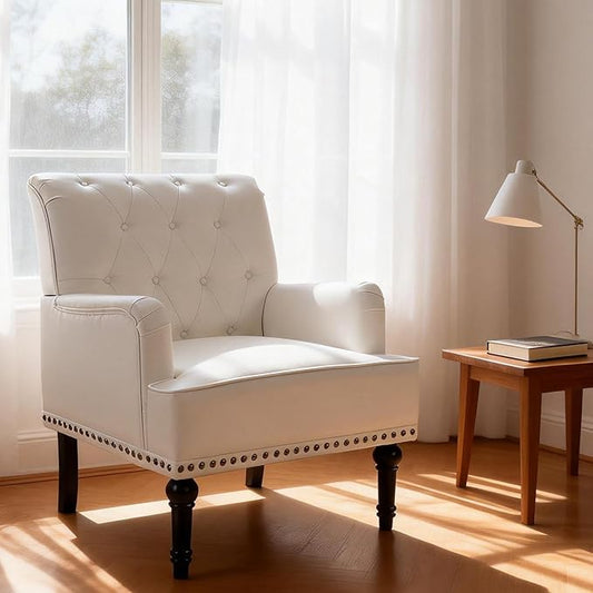 MOJAY PU Leather Accent Chair, Mid-Century Armchair Living Room Sofa Chair with Rubber Wood Leg, Club Chair with Rivet Trim for Bedroom Reading Room Reception (White)