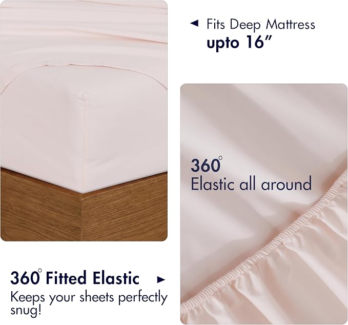 RUVANTI 100% Cotton Percale Sheets Queen Size 6 Piece Set, Cooling Bed Sheets for Hot Sleepers, Deep Pocket 16”, Breathable Lightweight & Durable, Crisp Hotel Style Sheets, Blush Pink