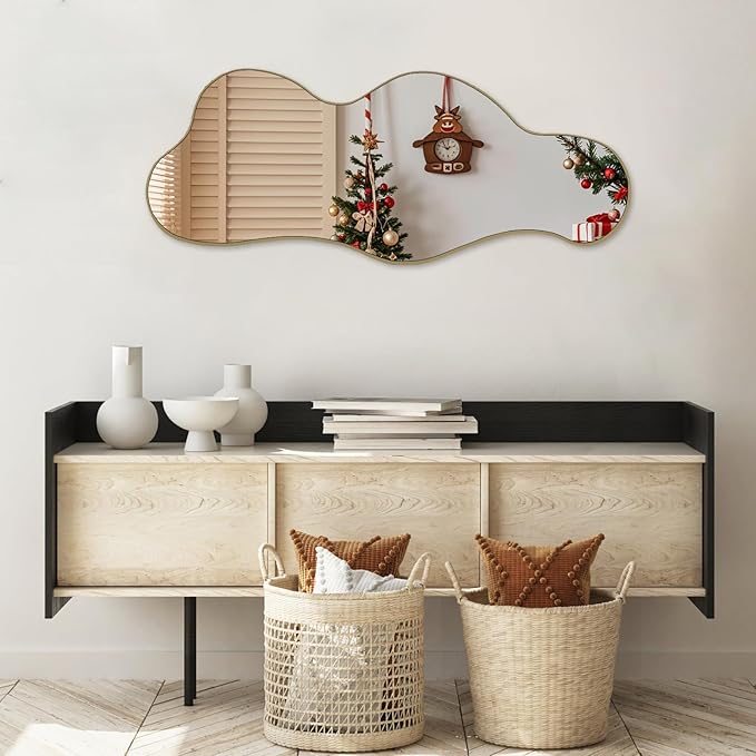 POZINO Irregular Wall Mirror, 39.3"x16" Asymmetrical Mirrors, Cloud Shaped Mirror, Gold Modern Abstract Mirrors for Bathroom Living Room Bedroom Entryway Hallway