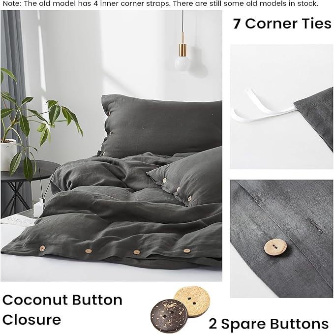 Simple&Opulence 100% Linen Duvet Cover Set 3pcs with Coconut Button Closure Natural French Washed Flax Solid Color Soft Breathable Farmhouse Bedding - Dark Grey, Queen Size