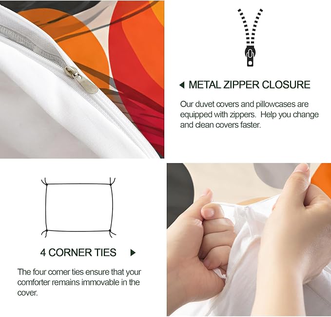 Abstract Burnt Orange Duvet Cover Full Size, Retro Medieval Bedding Set 3 Piece Bedroom Decor Vibrant Modern Comforter Cover and 2 Pillow Sham with Zipper Closure