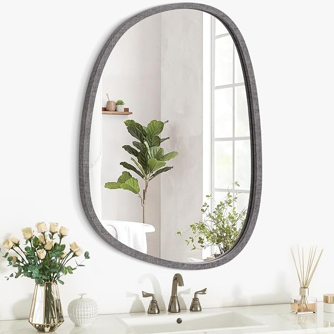 Asymmetrical Mirror for Wall Decor Small Modern Wooden Framed Wall Mirror Unique Shape Wall Mounted Vanity Artistic Oval Mirror Decorative for Bedroom Bathroom Living Room Entryway