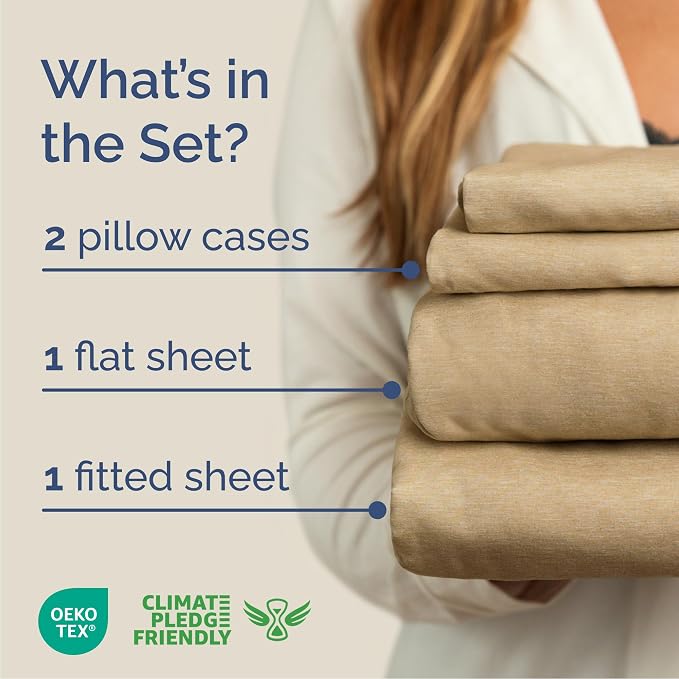 Cal King Size 4 Piece Sheet Set - Comfy Breathable & Cooling Sheets - Hotel Luxury Bed Sheets for Women & Men - Deep Pockets, Easy-Fit, Soft & Wrinkle Free Sheets - Heathered Tan Oeko-Tex Bed Sheets