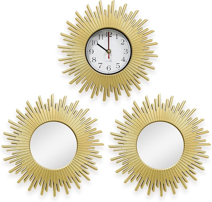 3 Pcs Gold Retro Sunburst Wall Decor Set, 9.8 Inch Round Clock & Mirror Wall Art, Vintage Sunburst Style Decor for Living Room Bedroom Bathroom, Lightweight & Easy to Install