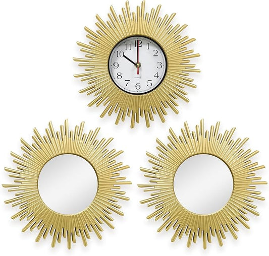 3 Pcs Gold Retro Sunburst Wall Decor Set, 9.8 Inch Round Clock & Mirror Wall Art, Vintage Sunburst Style Decor for Living Room Bedroom Bathroom, Lightweight & Easy to Install