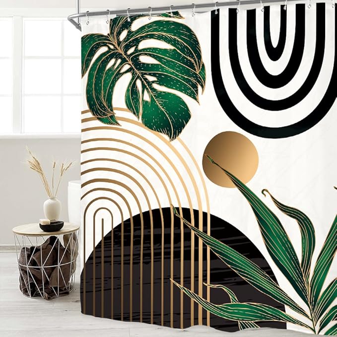 Miyotaa Abstract Emerald Green Shower Curtain Set 71Wx84H Inches Extra Long Minimalist Modern Tropical Leaves Geometric Contemporary Polyester Waterproof Bathroom Curtain with 12 Hooks