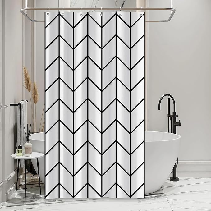 Boho Herringbone Shower Curtains Black White Zig Zag Geometric Bathroom Curtain Minimalist Abstract Polyester Shower Curtain Sets for Bathroom Extra Long 54x72 in with 10 Hooks