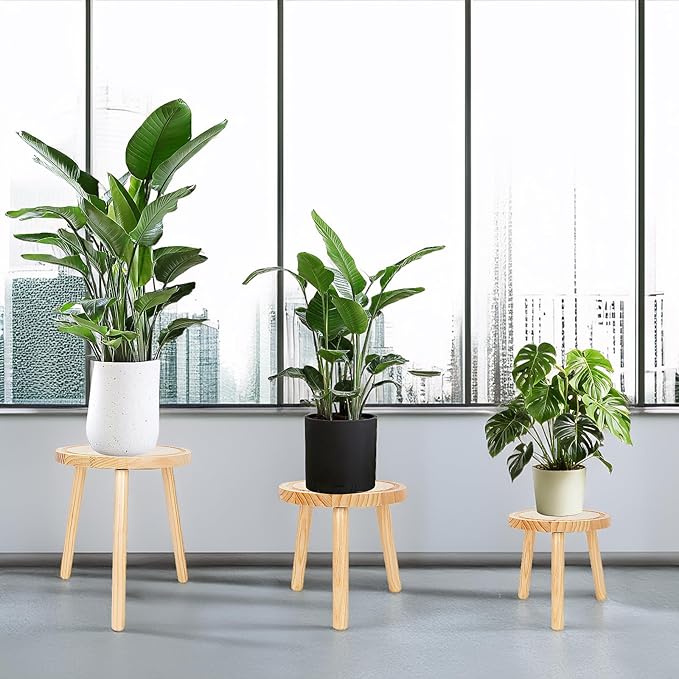 3-Pack Wood Plant Stands Indoor, Single Plant Stand for 6-12 Inch Pots, Mid-Century Modern Plant Stool, Tall Plant Stand for Large Plants for Living Room, Balcony, Office (Light Brown)