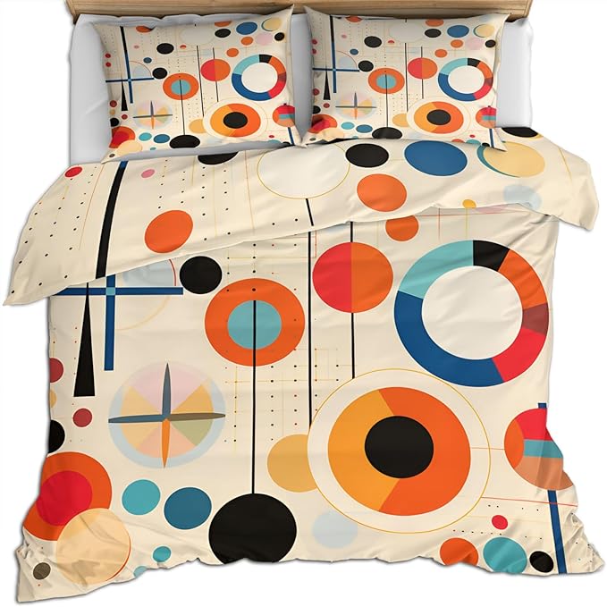 Retro Mid Century Duvet Cover Oversized King, Vintage Geometric Bedding Set 3 Piece Bedroom Decor Abstract Colorful Comforter Cover with Zipper Ties & 2 Pillowcases