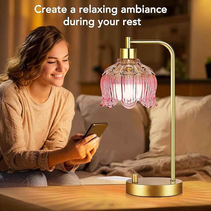 Pink Table Lamp Set of 2,Small Gold Bedside Lamps Dimmable Boho Bedroom Lamp with Tulip Flower Glass Lamp Shade,Vintage Mid Century Modern Mini Nightstand Lamp for Bedroom Living Room