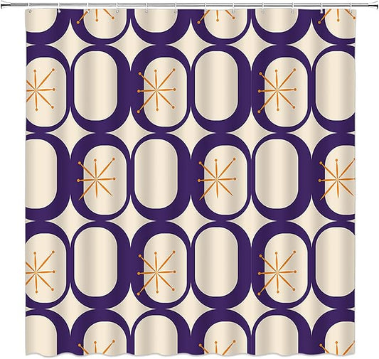 Mid Century Shower Curtain Modern Abstract Atomic Starbursts Squares Retro 50s Geometric Bathroom Decor Polyester Curtains with Hooks