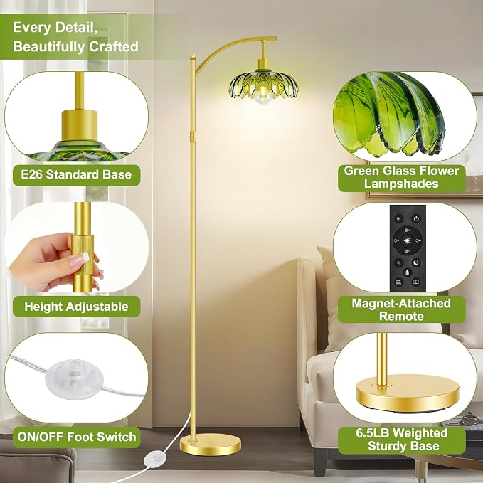 Gold Floor Lamp with Remote Control, Dimmable LED Floor Lamp with 3 Color Temperatures, Adjustable Height Vintage Standing Lamps for Living Room BedroomOffice, Green Glass Tall Lamps Gift Use