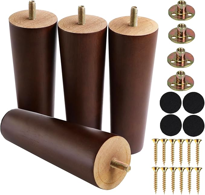 6 Inches Round Solid Wood Furniture Legs Set of 4, Brown Wooden Replacement Feet with Threaded 5/16'' Hanger Bolts for Sofa, Couch, Armchair, Cabinet, TV Stand, Ottoman and Dresser