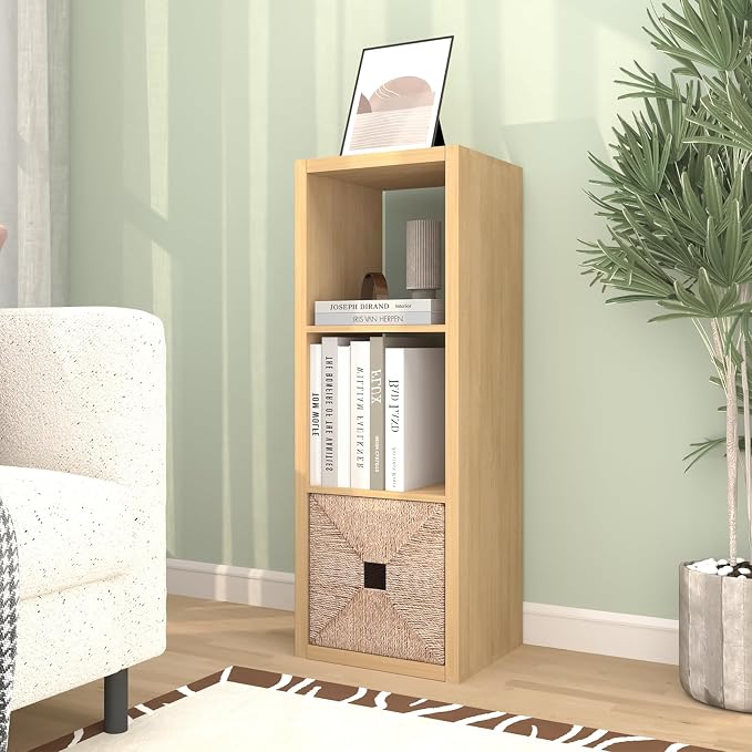 CTESNE【2026 Wooden Thick Frame 3 Cube Storage Organizer Shelf with Anti-Tipping Kits + Reversible Open Back Bookcase, Horizontal and Vertical Dual-use（Oak Color,11inch）