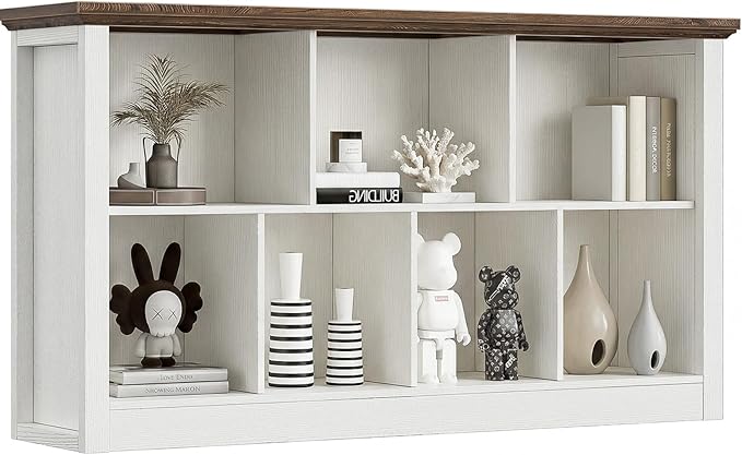 Unikito 7 Cube Storage Book Shelf - 47" Wide Wood Cube Storage Organizer, Wooden 2 Tiers Floor Standing Low Bookcase for Living Room, Bedroom, Home Office, Kids Room, Rustic White and Brown
