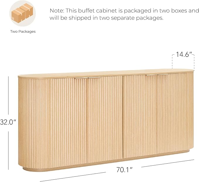 CHITA 70" Sideboard Buffet Cabinet with Storage, Fluted Cabinet with Doors and Adjustable Shelves, Natural Oak