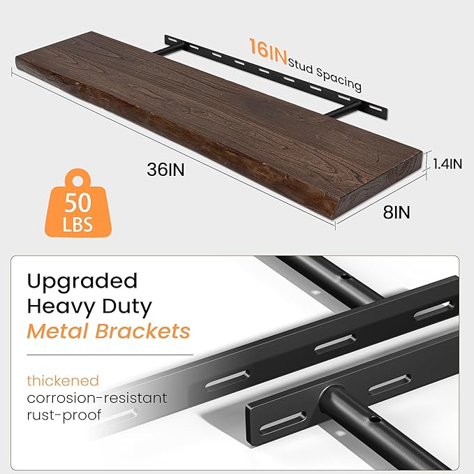 Fun Memories Floating Shelves for Wall Set of 2, Rustic Solid Elm Wood Live Edge Wall Shelves 36 Inch - Invisible Bracket Mount for Living Room, Bathroom, Bedroom, Kitchen, Walnut