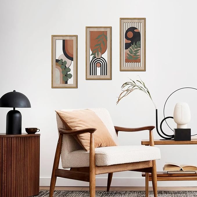 HPNIUB 3 PCS Boho Wall Decor, Minimalist Mid Century Sun Geometric Line Hanging Wood Sign for Living Room, 8x16Inch Modern Botanical Leaf Wooden Plaque for Apartment Bedroom Office Decoration